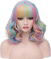 BERON Rainbow Wig Short Curly Wig Women Girl's Synthetic Wigs Rainbow Wigs with Bangs Hairnet Included