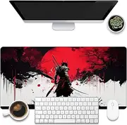 KOAIWPAE Large Gaming Mouse Pad, Cool Japanese Samurai Desk Mat, Red and White Samurai Desk Pad, 31.5"x15.7" Extended Big Computer Keyboard Mouse Pad with Non-Slip Base and Stitched Edge