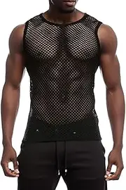 [Generic] Mens Mesh Fishnet Top Sleeveless See Through Muscle Top Crew Neck Mesh Shirts Casual Fashion Fishnet Shirt Clubwear