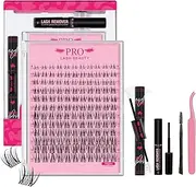 PRO DIY Lash Clusters Kit 132Pcs Lash Extension Kit Wispy Natural Individual Invisible Band Clear Band Lashes D Curl Transparent Invisible Stem Clusters Eyelash Extension Kit with Bond and Seal Applicator Remover(Filigree-D-8-16mix)