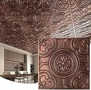 WOWSTAR 12-Pack 24"x24" Drop Ceiling Tiles, Waterproof Glue up Ceiling Panels, Antique Copper