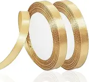 Gold Satin Ribbon with Gold Edges - 2 Pack 0.39”*24Yd Polyester Continuous Ribbon - Gold Border Fabric Ribbons for Gift Wrapping,Wedding,Vows Bouquet,Floral Arrangement and Craft
