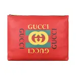 【GUCCI 古馳】GUCCI經典綠紅綠印花LOGO荔枝紋牛皮手拿化妝包(紅)