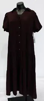 CeCe Women's Gauze Point Collar Tiered Midi Shirt Dress CD4 Cabernet Medium NWT