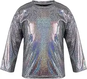 [ZUYPSK] Kids Boys Girls Shiny Metallic Loose T-Shirt Long Sleeve Tops for Stage Performance Party Costume Dancewear