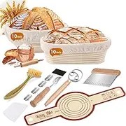 Sourdough Banneton Bread Proofing Basket Set, YEESON 10 inch Round and 10 inch Oval Bread Basket,Bread Lame, Dough Whisk, Plastics Scraper, Stainless steel Scraper and Silicone Baking Mat