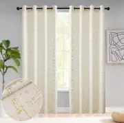 2 Gold Foil Print Linen Textured Geometric Pattern Panels 108” Length Off White