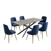 7 Piece Dining Set with Rectangular Table and 6 Navy Velvet Chairs