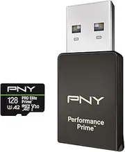 PNY Kit microSDXC/Lector microSD/Adaptador SD, Tarjeta microSDXC 128GB Pro Elite Prime Class 10 U3 V30 A2, Hasta 200MB/s, 4K UHD