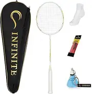 INFINITE Light Weight Badminton Racket with Free Racket Bag & & Socks & Grip & Badminton Keychain, High Carbon Fiber, 73g, G5, 24-30lbs, Suitable for Intermediate Level Players (White)