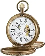 [Alwesam] Copper Pocket Watch Mechanical Hand Wind Movement Antique Watch Tourbillon Mechanism Clock, bronze