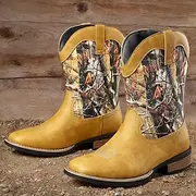 Men's Camo Print Western Cowboy Boots Mid-Calf Faux Leather Design with Square Toe Durable Heel for Country Events Rodeo and Outdoor Riding