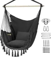 Hammock Chair Hanging Rope Swing, Large Hanging Chair with Pocket and tassels,Cushions for Superior Comfort, with Hardware Kit (Dark Grey)