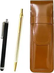 Slim Cowhide Leather Pen Case Brown Touch Pen and Z66 Full Body Gold Hex Knock Metal Ballpoint Pen Set T23-ASC708-Z66KB