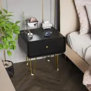 Black Nightstand w/Drawer Bedside End Table Solid Wood Bedroom Desk Metal Legs