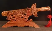 Peach Wood Carved Dragon Sword + Base Holder Feng Shui Amulet Gift