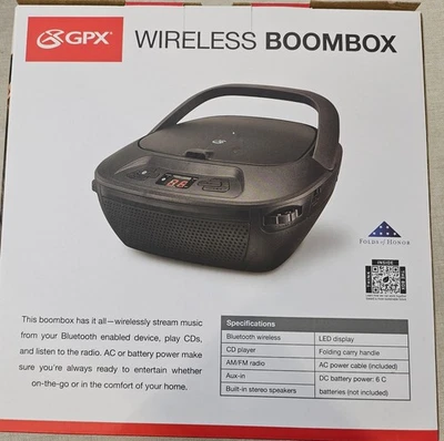 GPX iLive Bluetooth Boombox BCB117B CD Player AM FM Radio AC DC Power NIB