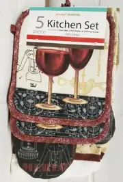 Set of 5: 2 POT HOLDERS, 1 OVEN MITT & 2 TOWELS, 2 WINE GLASSES & CORK OPENER,GE