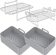 Uhjoe 8Pcs Air Fryer Accessories Set with 2 Air Fryer Silicone Pot and 1 Double Layer Rack with 4 Skewer 1 Steamed Rack Reusable Air Fryer Liner with Handle Stainless Steel Air Fryer Rack