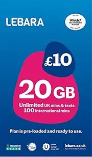Lebara UK Pay As You Go SIM Card - 7GB Data, Unlimited UK Minutes & Texts, 100 International minutes for £10
