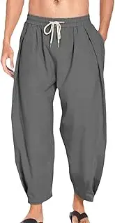 [HanzhuoLG] Men's Cotton Linen Harem Trousers Plus Size Solid Color Casual Loose Pants Yoga Beach Cropped Pants Dark Grey XL