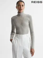 Reiss Silver Tanya Metallic Ribbed Mesh Panel Funnel Neck Top (874593) | $295
