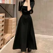 Short-Sleeve Square Neck Plain Midi A-Line Dress Black - XL