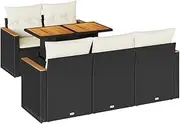 vidaxl 6-Piece Garden Sofa Set - Black Poly Rattan Outdoor Lounge Furniture with Cushions, Modular Patio Seating, Acacia Wood Tables