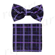 Men's microfiber Pre-tied Bow Tie & hankie set purple lavender checkers formal
