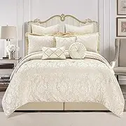 Loom and Mill 9-Piece Elegant Damask Comforter Sets Jacquard Medallion Design, Ultra Soft Floral Bedding with Euro Shams, Bedskirt, Filled Decorative Pillow for Home (Beige White, King)