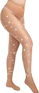 [Fafulan] Sparkly Rhinestone Fishnet Stockings for Women, High Waist Glitter Tights, Sexy Mesh Pantyhose for Parties & Nights