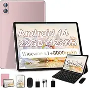 Dghrti 2025 Android 14 Tablet, 22G+128G/1TB, 10 Inch Tablets with 8000mAh Battery, Octa-Core, GPS, Split Screen, Face Unlock, 2 in 1 Tablet with Keyboard, Mouse, Case, Gold
