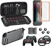 Switch 2 Accessories Bundle for Nintendo, 16 in 1 Game Kit: Carrying Case, Two Screen Protector with Alignment Frame, Steering Wheel for Mario Kart, Grip for joycon Controller Console Protective Cover
