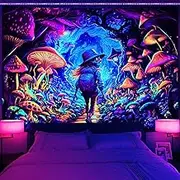 AtawLege Blacklight Mushroom Tapestry Hippie Skull Tapestries UV Reactive Forest Tapestry Cool Eyes Home Decor Aesthetic Cartoon Tapestry Wall Hanging for Teen Girls Bedroom(51.2 x 59.1 inches)