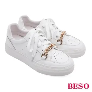 【A.S.O 阿瘦集團】BESO 柔軟牛皮搭配金屬鍊條綁帶休閒鞋(白色)