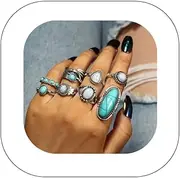 [Asphire] Asphinien 8 Pcs Bohemian Joint Knuckle Rings Set Oval Turquoise Finger Ring Opal Gemstone Teardrop Midi Rings Punk Leaf Index Ring for Women, Metal, Turquoise