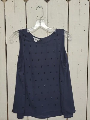 H&M Womens Navy Chiffon Beaded Sleeveless Blouse Size 8