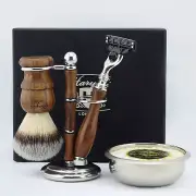 Men Shaving Kit Synthetic Silver Tip Brush Wooden 3 Edges Razor Soap Bowl Stand