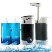 2000L Portable Water Filter Hand Pump+2xCollapsible Water Bottle Pouch Survival