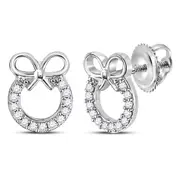 14k White Gold Round Diamond Ribbon Bow Circle Earrings 1/10 Cttw