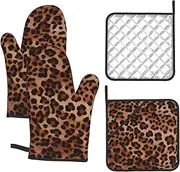 4 pcs Oven Mitts and Pot Holders Set 500°F Heat Resistant Oven Gloves and Hot Pads Kitchen Mittens Leopard Print Cooking Gloves Potholders for Baking Grilling