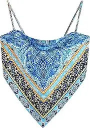 [VividMosaic] Women's Boho Paisley Print Satin Bandana Top Hanky Hem Tie Back Ajustable Spaghetti Strap Backless Cami Tube Tops