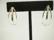 Classy Southwest 10 stone Semi- Hoop Earrings Sterling Silver Post-backs