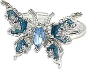 [HEOXIN] Butterfly Adjustable Ring for Girls, Blue Rhinestone Open-Ended Ring, Jewelry for Toddler Little Girl Teen Women Dress Up Party, Blue, Metal