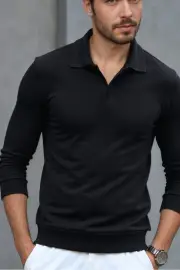 Merino Wool Shirts Australia – Open Collar Knit Polo, 100% Australian Merino, Lightweight & Breathable., Black / S