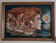VINTAGE EUROPEAN HAND MADE GIRL WITH TWO TIGERS EMBROIDERY (FRAMED)