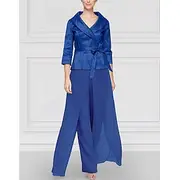 Two Piece Pantsuit Mother of the Bride Wedding Guest Elegant Simple Tailored Lapel Floor Length Chiffon Stretch Satin Long Sleeve with Sash / Ribbon Solid Colo