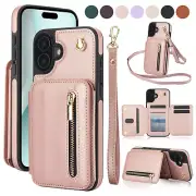 For iPhone 16 Pro Max 15 14 13 12 Leather Card Wallet Case Crossbody Wrist Strap