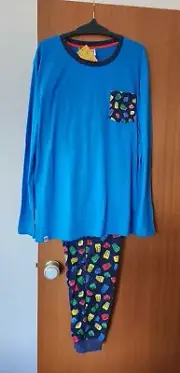 Lego Master Mens Blue Navy Printed 2 Piece Long Pyjama Set Size M New