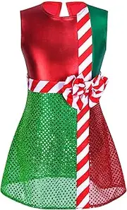 [Choomomo] Girls Christmas Sparkly Mini Dress Striped Bowknot Ballet Leotard Dance Tutu Skating Skirt